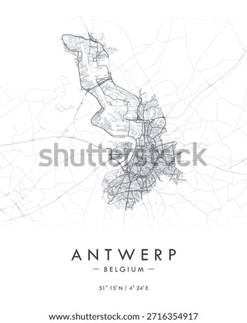 Antwerp vector print map. Detailed map of city in Belgium. Tourist decorative minimalist street map.