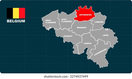 Antwerpen Map, Antwerpen red highlighted in 🇧🇪 BELGIUM 🇧🇪 map, flat design illustration vector