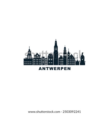 Antwerpen skyline with landmarks, vector isolated flat logo. Panorama black icon with abstract shape of Belgium city