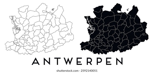 Antwerpen: vector map of regions and districts, black on white and outlined
