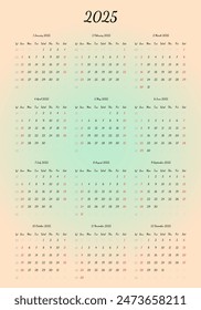 Anual calendar design 2025, one page, week starts Subday, with trendy radial gradient