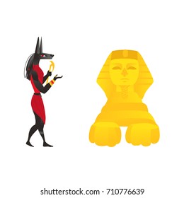 Anubis, ancient Egypt god of afterlife, and Egyptian sphinx, flat cartoon vector illustration isolated on white background. Flat cartoon portrait of Anubis, ancient Egyptian god and pyramid of Egypt