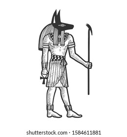 Anubis Ancient Egyptian deity god of death sketch engraving vector illustration. T-shirt apparel print design. Scratch board imitation. Black and white hand drawn image.