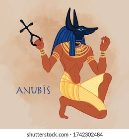 Anubis. in Ancient Egyptian, god of death, mummification, embalming, the afterlife, cemeteries, tombs, and the Underworld. Vector isolated illustration. A man with the head of a jackal or wolf.