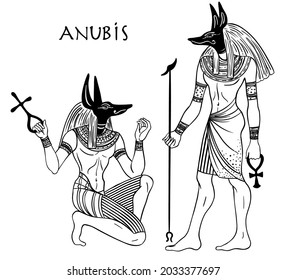 Anubis. in Ancient Egyptian, god of death, mummification, embalming, the afterlife, cemeteries, tombs, and the Underworld. Vector isolated illustration. A man with the head of a jackal or wolf.