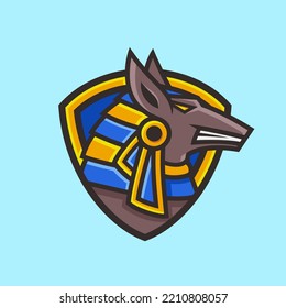 Anubis badge mascot cartoon character, flat design style