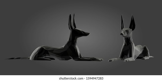 Anubis in Black and White. Dark Set of Egyptian Gods. Low Poly Vector Greyscale Silhouette 3D Rendering