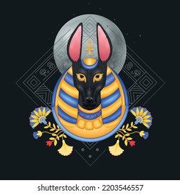 Composición anubis con imagen de estilo avatar del dios egipcio con flores de cabeza de perro y ornamentos geométricos ilustración vectorial