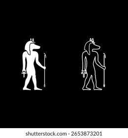 Anúbis divindade com cabeça chacal antigo deus egípcio detém cajado e anch cruz silhueta mítico conjunto ícone branco cor vetor ilustração imagem simples sólido contorno contorno linha fina plana estilo