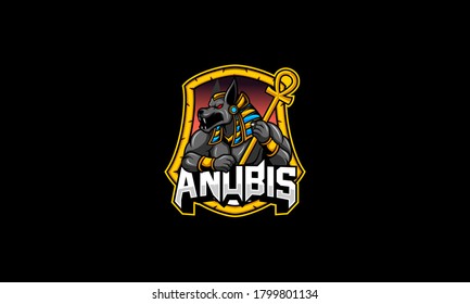 Anubis egypt mythology hold staff vector emblem