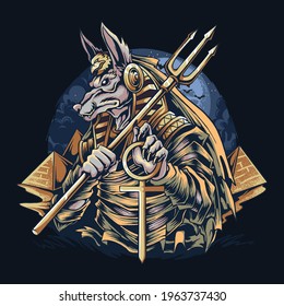 Anubis the Egyptian god of mummies with a view of the Egyptian pyramids, editables layer vector