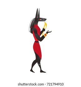 Anubis, god of afterlife in ancient Egypt religion, flat cartoon vector illustration isolated on white background. Anubis, ancient Egyptian god, flat cartoon side view full length portrait
