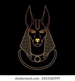 Anubis the god of ancient Egypt. Line art golden icon on black background.