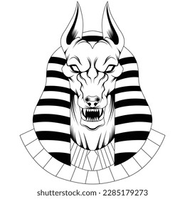 anubis head illustration tattoo style in black and white