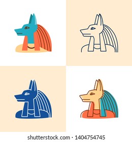 Anubis icon set in flat and line style. Ancient Egyptian god head symbol. Vector illustration.