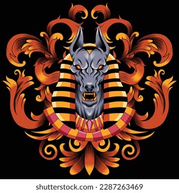 anubis illustration with baroque ornament