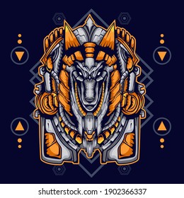 Anubis illustration in mecha style with sacred geometry background