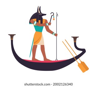 Anubis or Inpu on Boat as Ancient Egyptian God of Death Vector Illustration