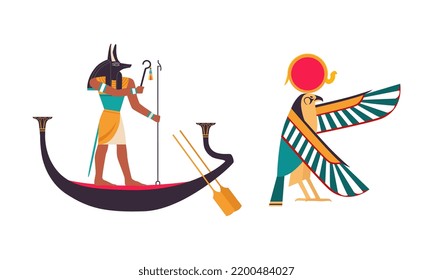 Anubis or Inpu on Boat as Ancient Egyptian God of Death and Horus Deity Vector Set