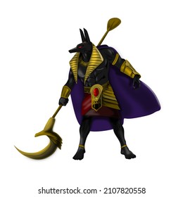Anubis the jackal egyption god. He have golden armor and purple cloak. He have warstaff.