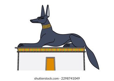 Anubis como chacal, encaramado sobre una tumba. En la antigua religión egipcia dios de los ritos funerarios, protector de tumbas y guía al inframundo. También conocida como Inpu o Anpu, normalmente representada como un canino.