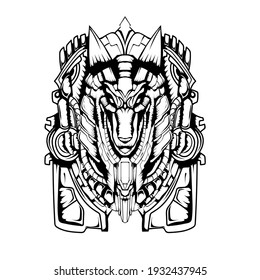 Anubis in mecha style black and white illustration