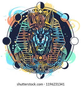 Anubis and moon phase tattoo and t-shirt design watercolor splashes style. Ancient Egypt Anubis, god of war, Golden Mask of the Pharaoh, symbol of next world, kingdom of dead 