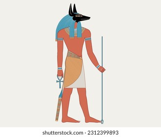 Anubis, dios de la muerte de los viejos egipcios, la vida después de la vida y el submundo. Antigua deidad egipcia con cabeza canina. Figura de museo de mitología, religión. Ilustración vectorial plana aislada 