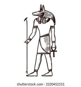 Boceto anubis, dios egipcio y deidad egipcia antigua, icono vector. Antiguo dios egipcio de la muerte, Anubis con cabeza de perro, cultura egiptológica y símbolo de religión en dibujo dibujado a mano