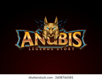 anubis text logo with head and lightning with golden 3d game icon fantasy style