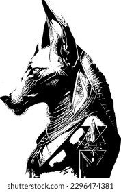 La imagen vectorial Anubis es una representación cautivadora y hábilmente diseñada del antiguo dios egipcio Anubis. En la imagen, Anubis es retratado como una figura con cabeza de jaca con un p regal y dominante