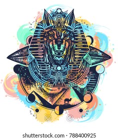 Anubis watercolor splashes color tattoo and t-shirt design. God of war, Golden Mask of the Pharaoh, Egypt art. Paleocontact concept 