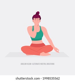 Anulom Vilom- Alternate nostril breathing Yoga pose. Young woman practicing yoga  exercise. Woman workout fitness, aerobic and exercises. Vector Illustration.