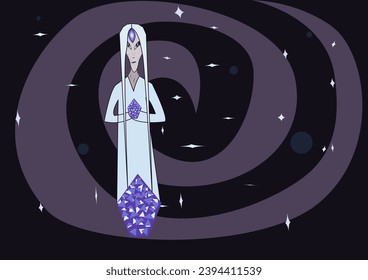 Anunaki. An alien mystical creature is a contactor of extraterrestrial civilizations with a blue crystal of knowledge and an all-seeing eye. Ancient gods.