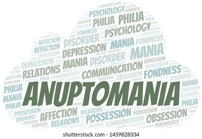 Anuptomania word cloud. Type of mania, made with text only.