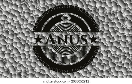 Anus dark badge with grey bubbles background. Vector Illustration. Detailed. 