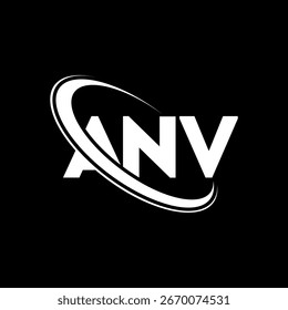 Logotipo de ANV. Diseño del logotipo de la letra ANV. Logotipo de ANV enlazado con el círculo y el logotipo del monograma en mayúsculas. Tipografía ANV para tecnología, negocio y marca inmobiliaria.