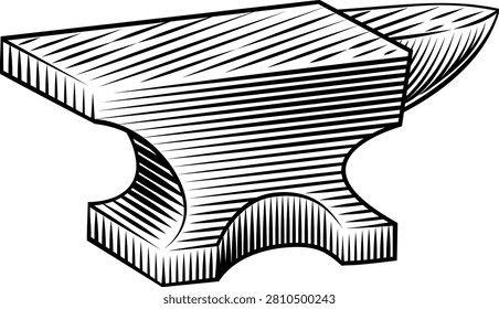 Anvil blacksmith workshop metalwork tool illustration in a vintage woodcut engraved etching style.