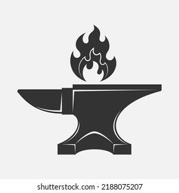 Anvil and flame graphic icon. Forge symbol isolated on white background. Blacksmith shop logo template. Vector illustration