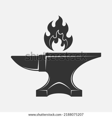 Anvil and flame graphic icon. Forge symbol isolated on white background. Blacksmith shop logo template. Vector illustration