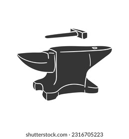 Anvil and Hammer Icon Silhouette Illustration. Forge Vector Graphic Pictogram Symbol Clip Art. Doodle Sketch Black Sign.