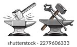 Anvil, hammer, tongs. Metal working tools. Blacksmith, ironwork concept. Hand drawn sketch vintage vector illustration