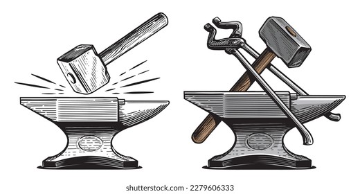 Anvil, hammer, tongs. Metal working tools. Blacksmith, ironwork concept. Hand drawn sketch vintage vector illustration