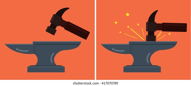 Anvil and hammer. Vector flat cartoon illustration