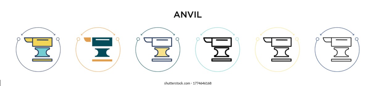 Anvil icon in filled, thin line, outline and stroke style. Vector illustration of two colored and black anvil vector icons designs can be used for mobile, ui, web