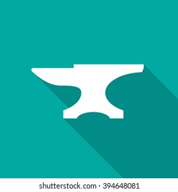 Anvil icon with long shadow. Flat design style. Anvil silhouette. Simple green icon. Modern flat icon. Web site page and mobile app design element.