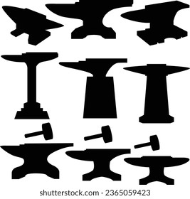 Anvil silhouettes. Blacksmith tools vector. hammer and anvil silhouette