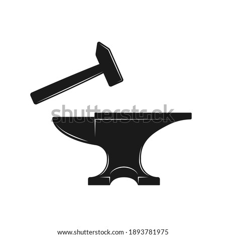 Anvil and sledgehammer shape vector icon. Blacksmith workshop sign. Metal forging industry symbol. Iron and steel craft logo. Black clip-art silhouette.