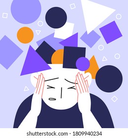 Anxiaety attack concept flat illustration. A person with abstract geometric figures coming from their head. Character holds their head with disturbed facial expression.