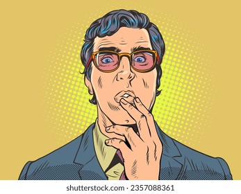 Anxiety and anxiety about the decision. An attractive guy is thoughtful and holds his hand. A man in a suit and glasses is surprised, puzzled. Pop Art Retro Vector Illustration Kitsch Vintage 50s 60s